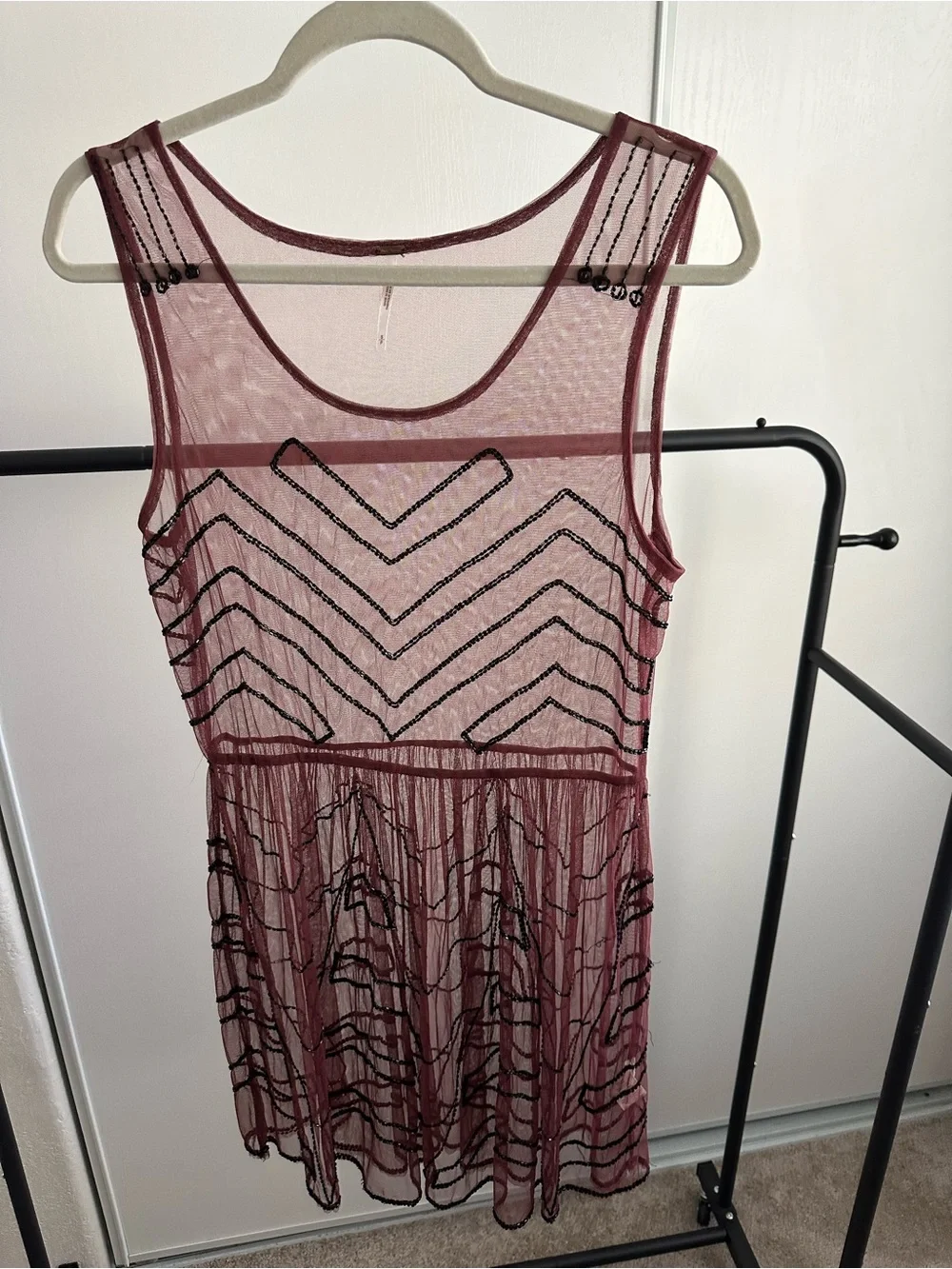 Free People Sheer Embellished Mesh Dress - Merlot